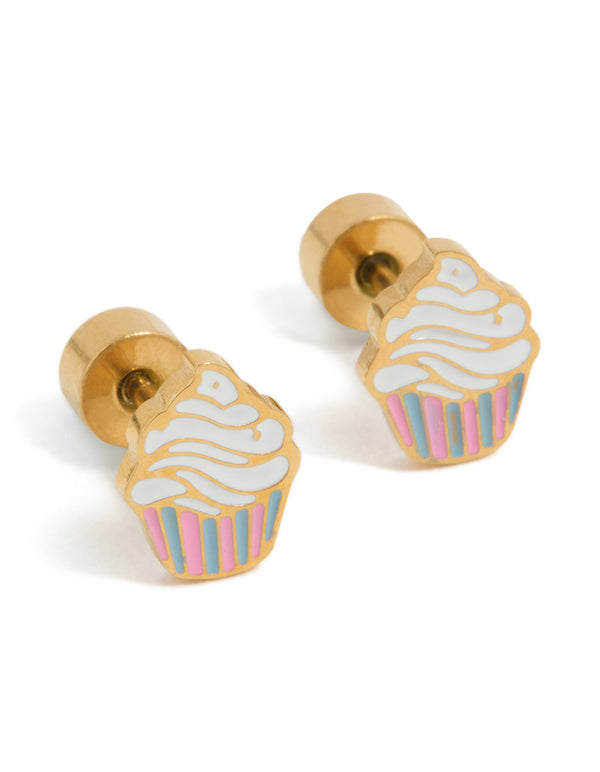 Kids Gold Plated Surgical Steel Enamel Cupcake Flat Back Studs