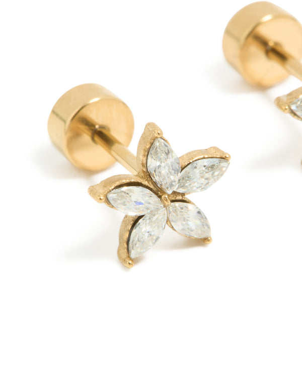 Kids Gold Plated Surgical Steel Cubic Zirconia Flower Flat Back Studs