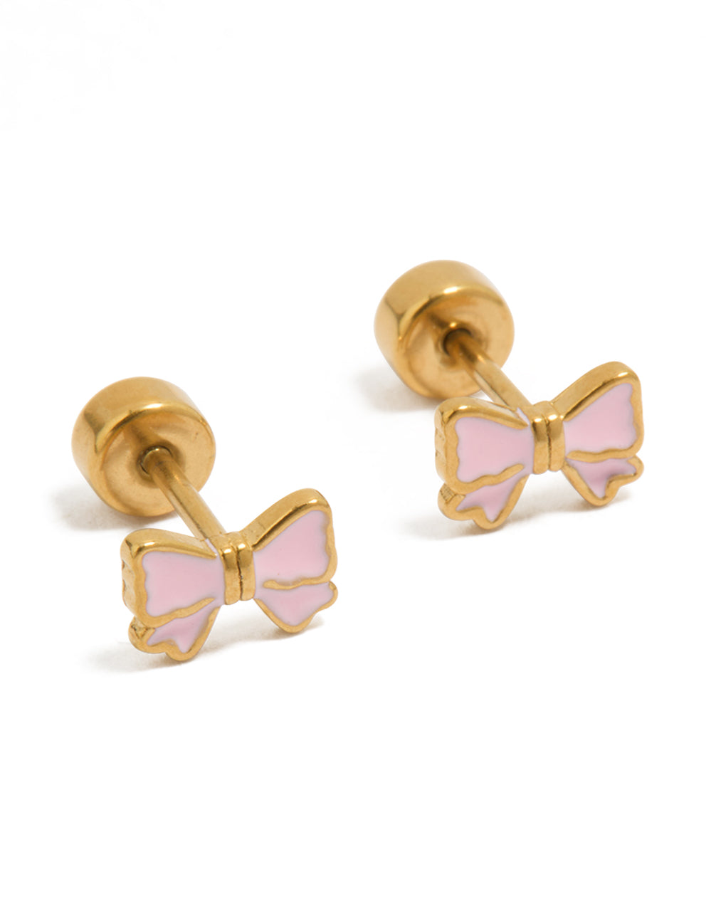 Showcasing mini pink bow stud earrings crafted from gold plated surgical steel with flat back closure front view