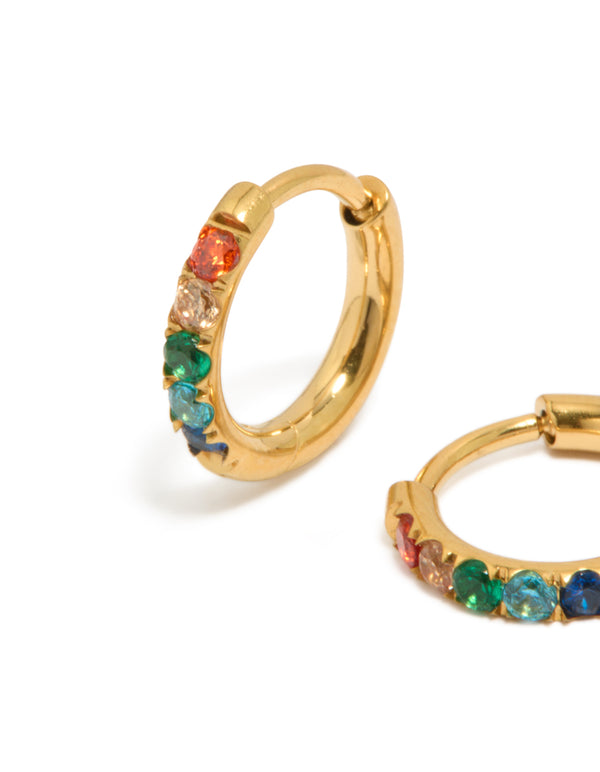Kids Gold Plated Surgical Steel Rainbow Coloured Cubic Zirconia Sleeper Earrings
