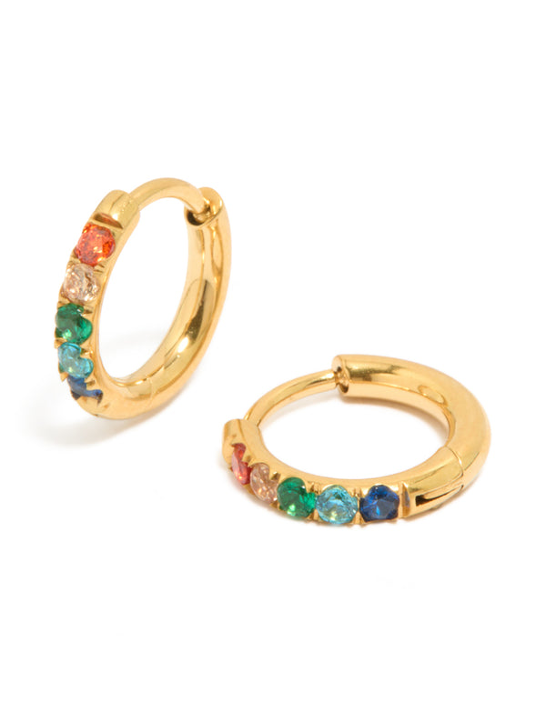 Kids Gold Plated Surgical Steel Rainbow Coloured Cubic Zirconia Sleeper Earrings