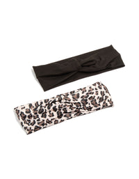 Discover black and leopard print twist stretch fabric headbands 2-pack in black, beige, rosy brown front view - link has visual effect only