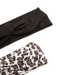 Explore black and leopard print twist stretch fabric headbands 2-pack in black, beige, rosy brown detail view - link has visual effect only