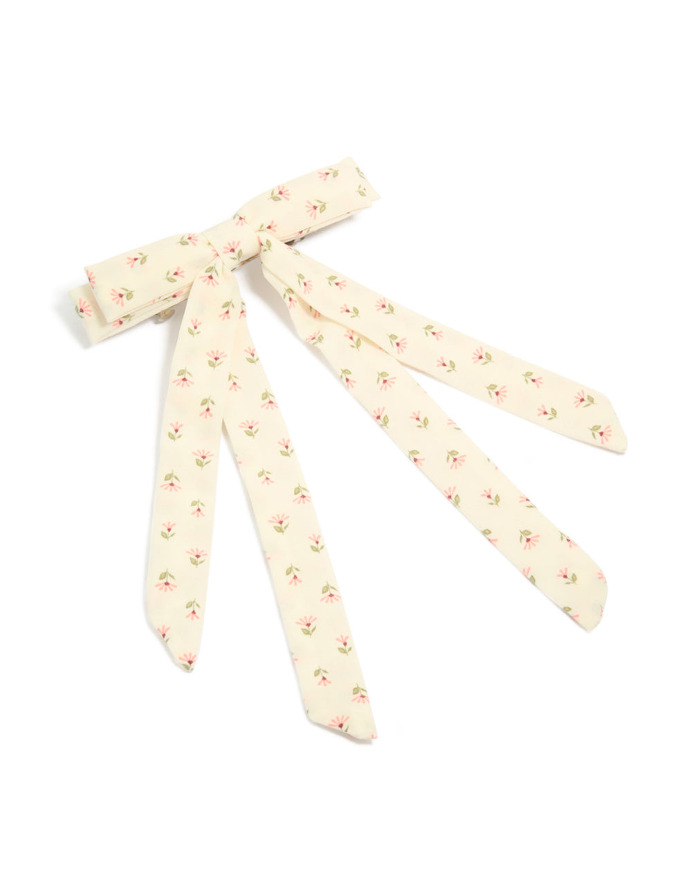 Showcasing a cream pink flowers printed fabric bow clip with ivory and light pink floral pattern featuring olive drab leaf accents front view