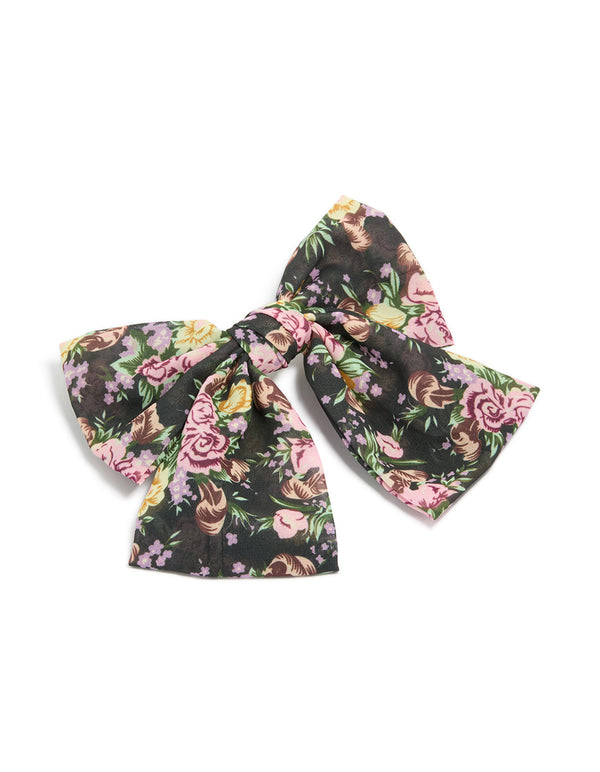 Black Printed Flowers Large Bow Clip