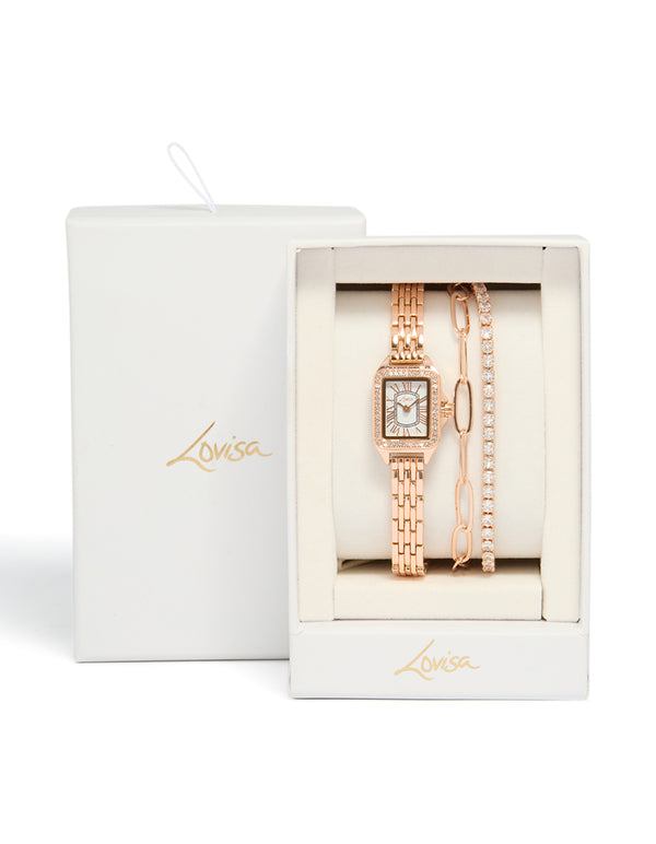Rose Gold Plated Mini Vintage Watch & Bracelets  Pack