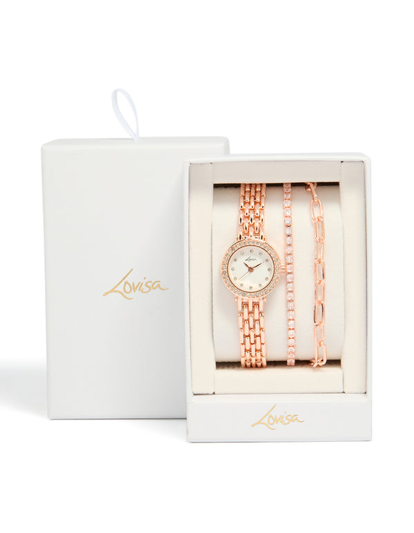 Rose Gold Plated Round Diamante Watch & Bracelets Pack