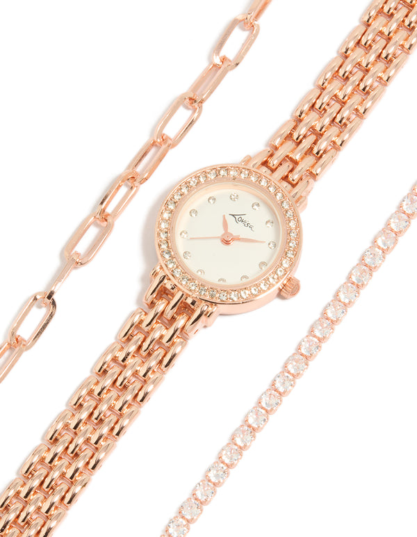 Rose Gold Plated Round Diamante Watch & Bracelets Pack