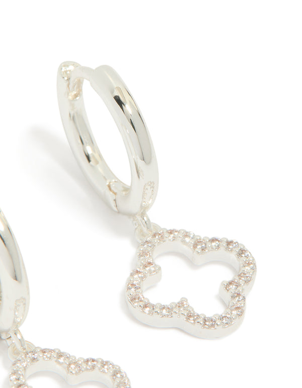 Silver Plated Cubic Zirconia Flower Huggie Drop Earrings