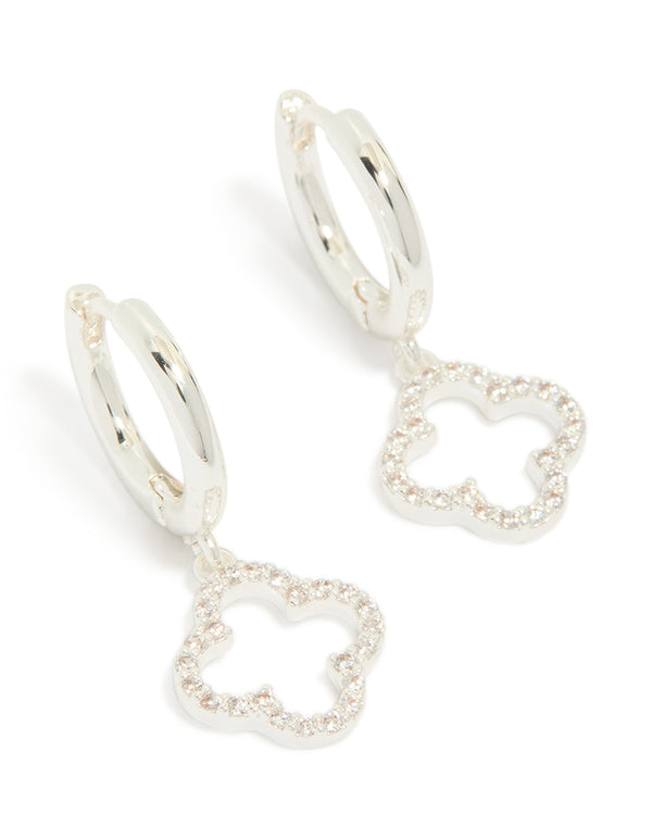 Silver Plated Cubic Zirconia Flower Huggie Drop Earrings