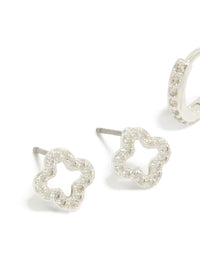 Silver Plated Cubic Zirconia Flower Stud & Huggie Earrings 2-Pack - link has visual effect only
