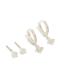 Silver Plated Cubic Zirconia Studs & Flower Huggie Earrings 2-Pack - link has visual effect only