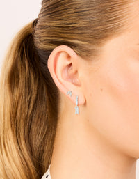 Silver Plated Cubic Zirconia Leaf Studs & Baguette Huggie Earrings 2-Pack - link has visual effect only