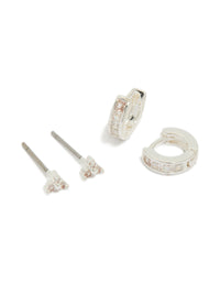 Silver Plated Cubic Zirconia Trio Stud & Huggie Earrings 2-Pack - link has visual effect only