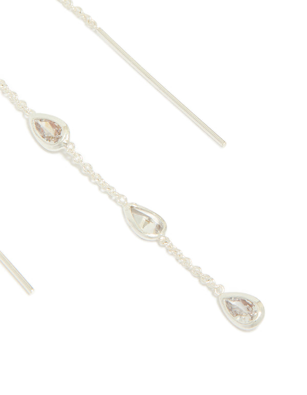 Silver Plated Station Pear Cubic Zirconia  Threader Earrings