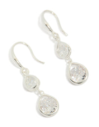 Showcasing silver plated double teardrop hook earrings featuring clear cubic zirconia front view - link has visual effect only