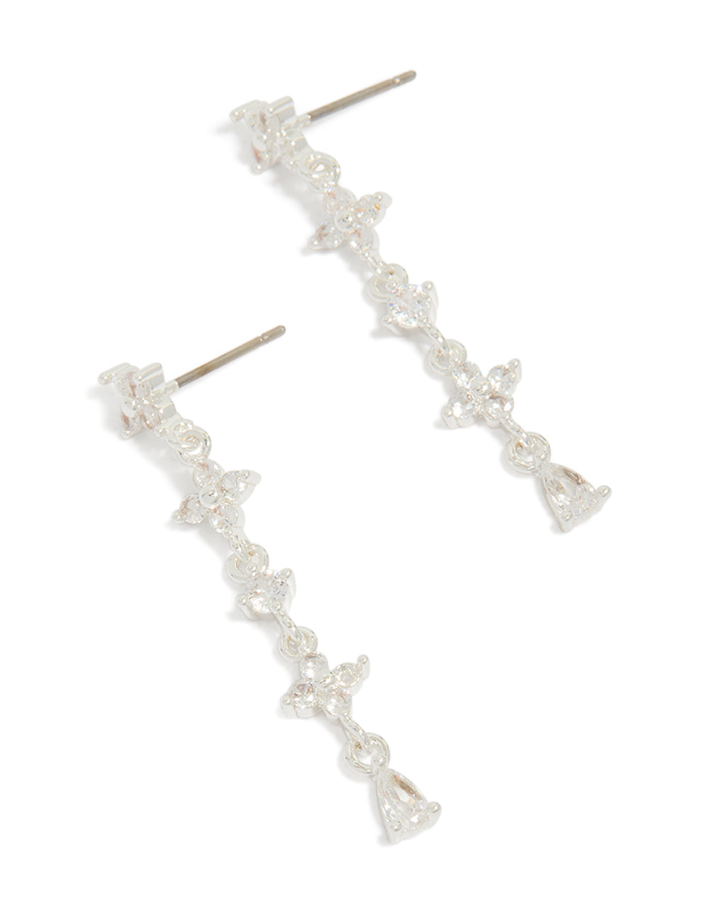 Beautifully crafted statement drop earrings featuring floral cubic zirconia design in silver plated metal front view
