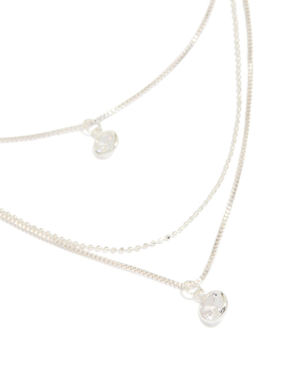 Silver Plated Cubic Zirconia Round Triple Layered Drop Necklace