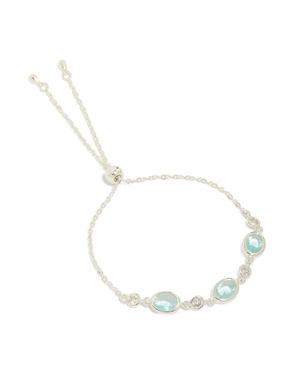 Silver Plated Blue Cubic Zirconia Large Bezel Trio Toggle  Bracelet