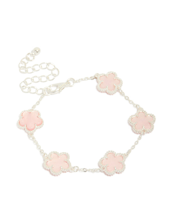 Silver Plated Pink Flower Charms Station Bracelet