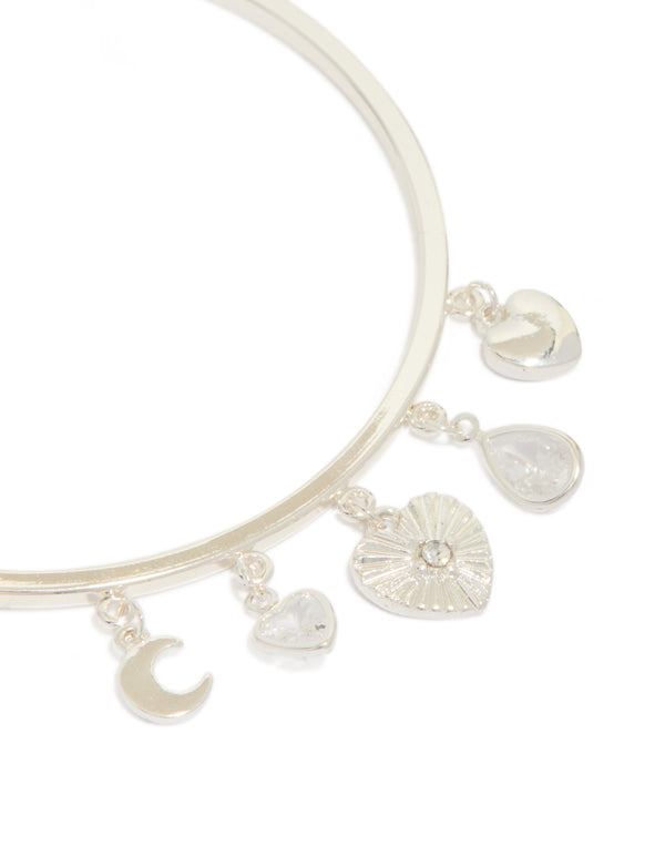 Silver Plated Moon & Heart Charm Toggle Bangle