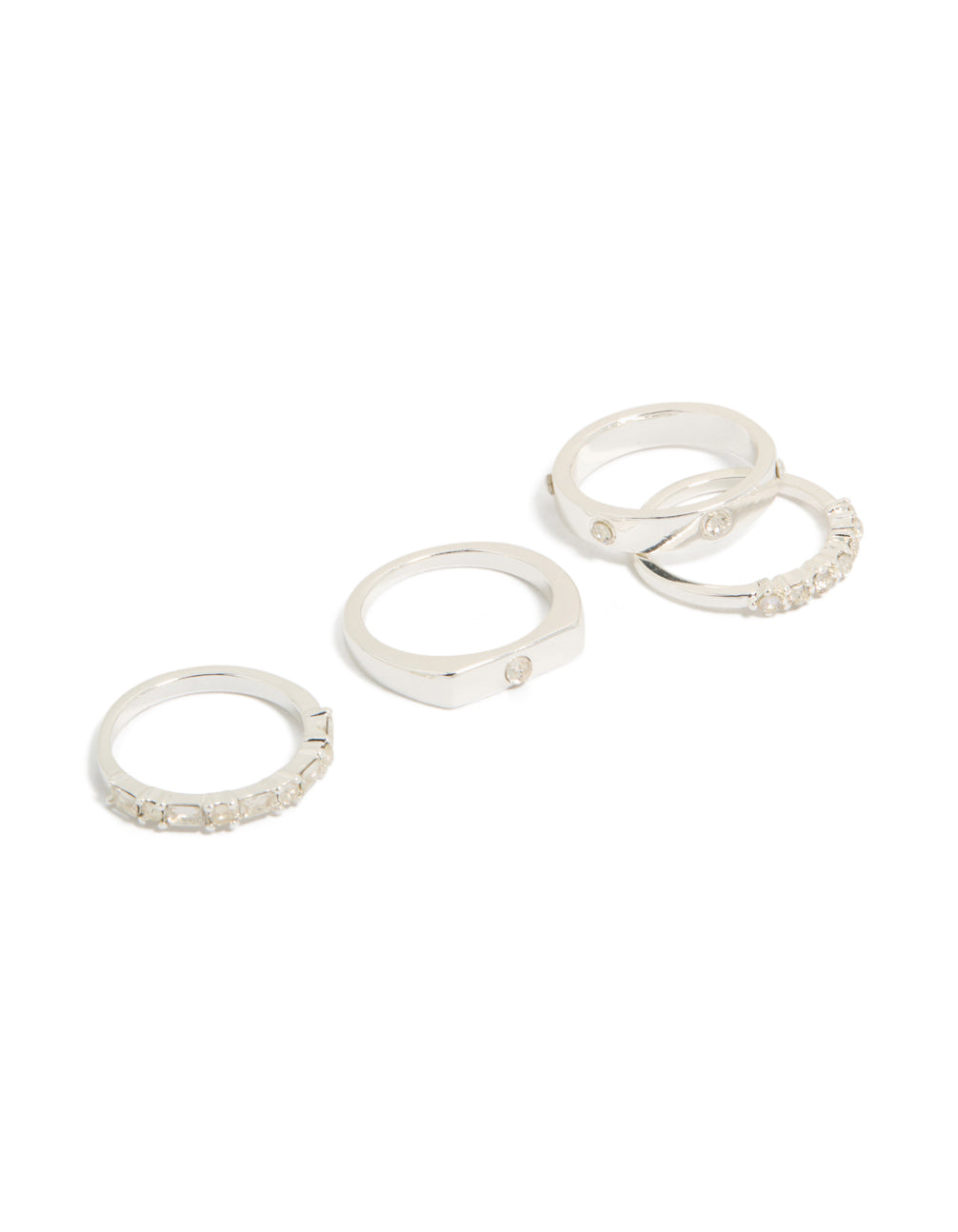 Beautifully crafted silver plated diamante inlay and band rings 4-pack with stackable design front view