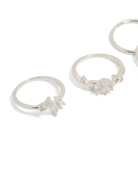 Showcasing silver plated cubic zirconia marquise leaf rings 4-pack with crystal and clear stone accents close up view - link has visual effect only