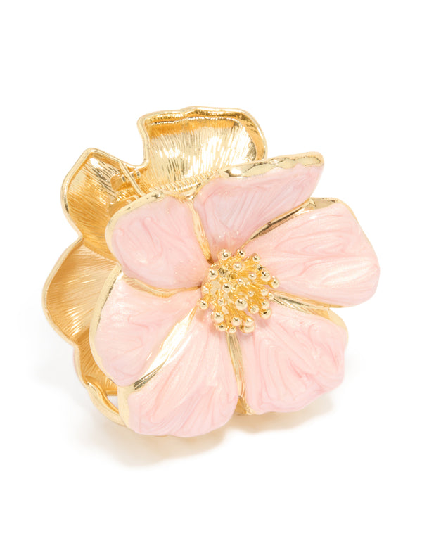 Gold Pink Enamel Blossom Flower Hair Claw Clip