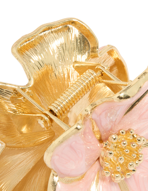 Gold Pink Enamel Blossom Flower Hair Claw Clip