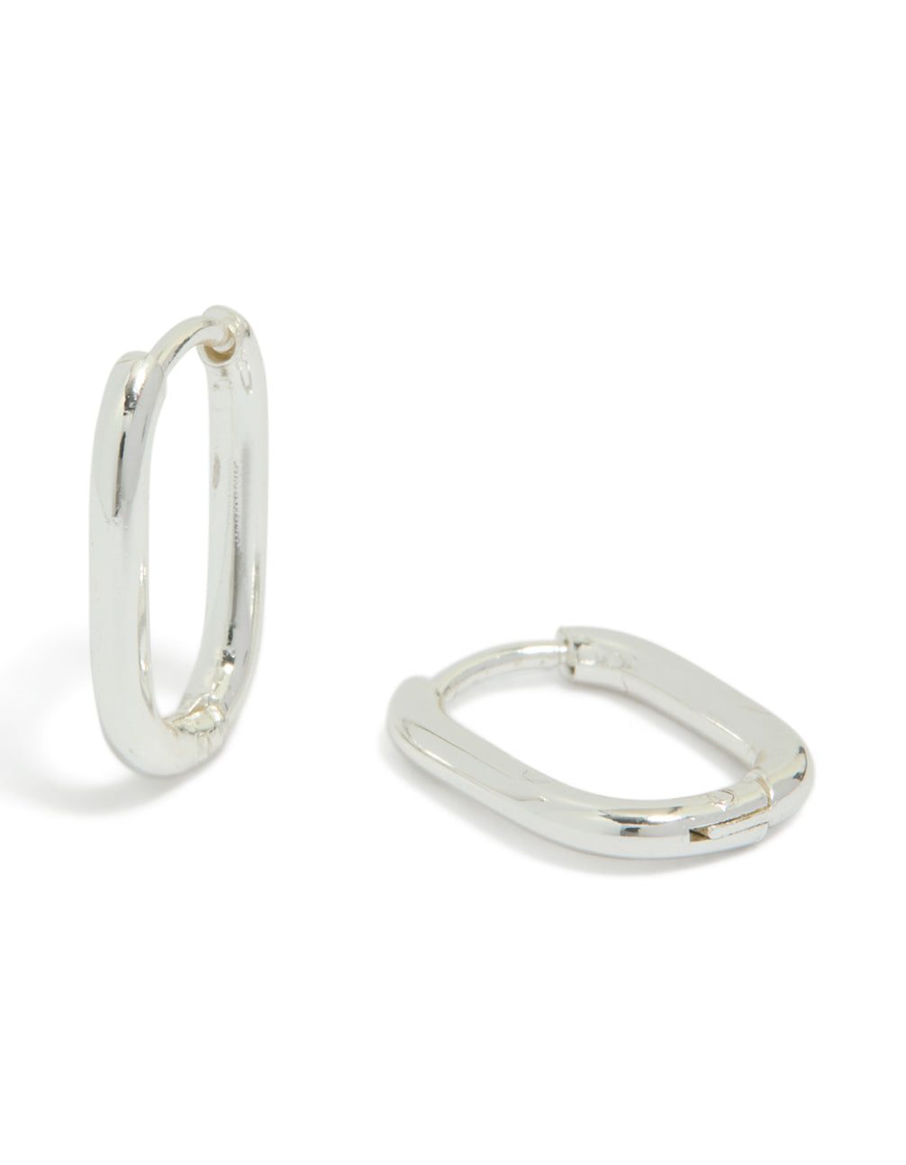 Beautifully crafted waterproof silver plated stainless steel rectangle huggie earrings in silver front view