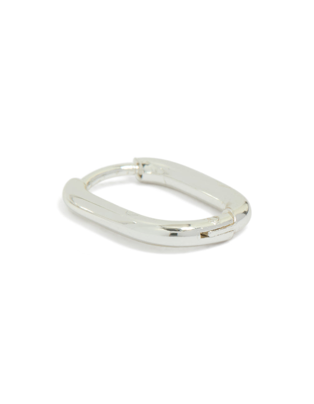 Featuring waterproof silver plated stainless steel rectangle huggie earrings with closure mechanism post detail view