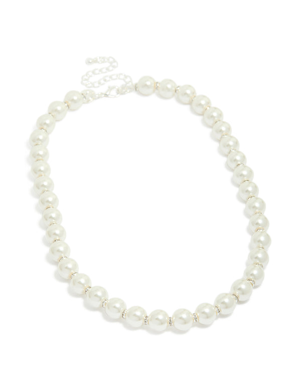 Silver Plated Pearl & Diamante Rondell Necklace