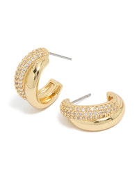 Gold Plated Cubic Zirconia Pavé & Plain Layered  Hoop Earrings - link has visual effect only