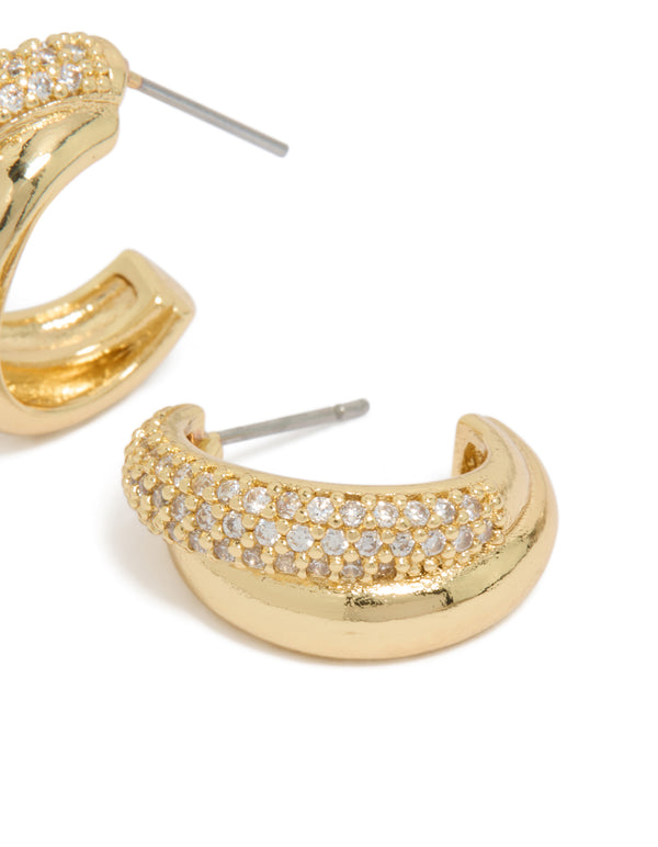 Gold Plated Cubic Zirconia Pavé & Plain Layered  Hoop Earrings