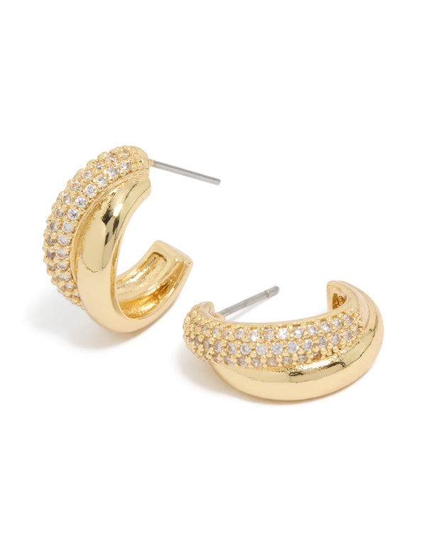 Gold Plated Cubic Zirconia Pavé & Plain Layered  Hoop Earrings