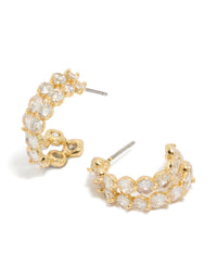Showcasing gold plated cubic zirconia double layered small hoop earrings with a hoop closure front view - link has visual effect only