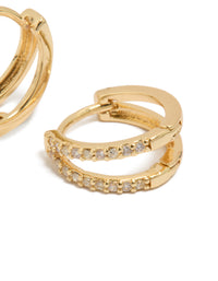 Highlighting small double layered huggie earrings with cubic zirconia design in silver post detail view - link has visual effect only