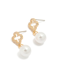 Showcase these floral pearl cubic zirconia outlined flower gold plated earrings in white and gold front view - link has visual effect only