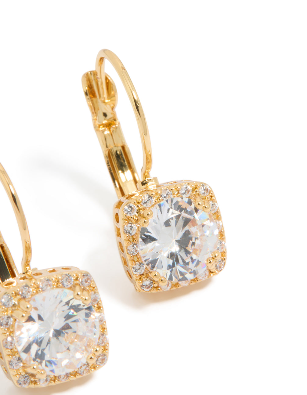 Highlighting gold plated cubic zirconia large square hook drop earrings in clear post detail view