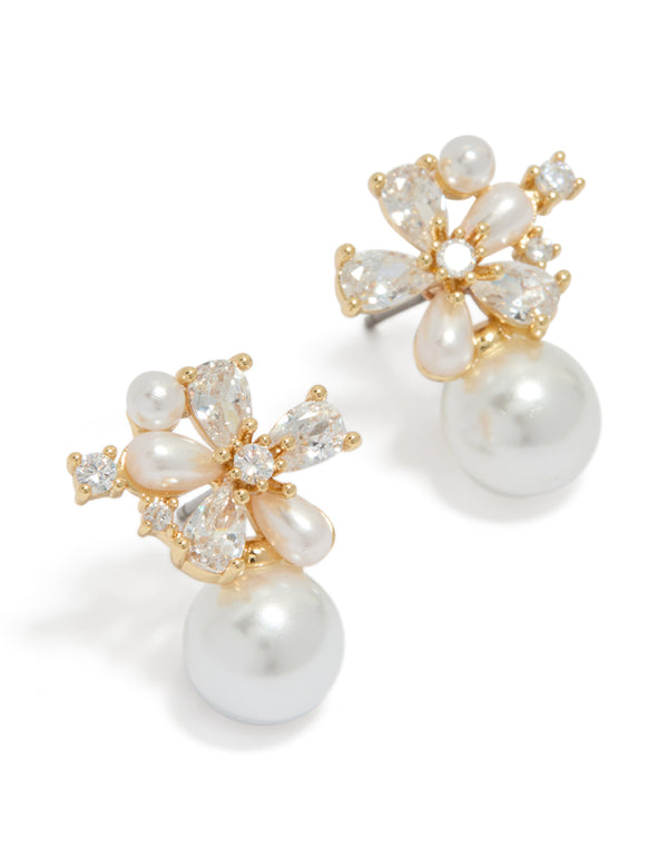 Gold Plated Cubic Zirconia Flower Pearl Drop Stud Earrings