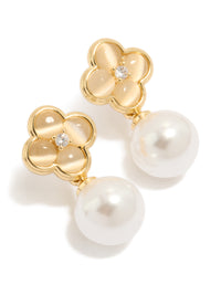 Crafted from gold plated metal, these pearl and flower drop earrings feature floral design in white and ivory tones front view - link has visual effect only