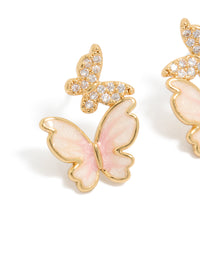 Gold Plated Small Pink  Enamel & Cubic Zirconia Butterfly Earrings - link has visual effect only