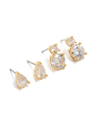 Beautifully designed gold plated cubic zirconia teardrop and double drop earrings 2-pack featuring crystal with stud closure front view - link has visual effect only