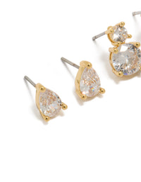Showcasing gold plated cubic zirconia teardrop and double drop earrings 2-pack with crystal stud closure close up view - link has visual effect only