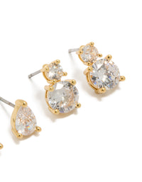 Elegantly crafted gold plated cubic zirconia teardrop and double drop earrings 2-pack with crystal stud closure post detail view - link has visual effect only
