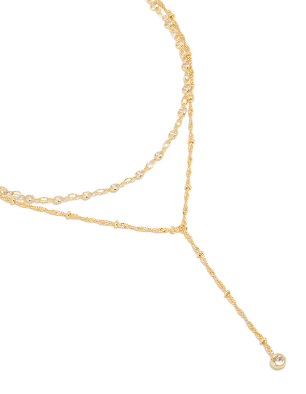 Gold Plated Cubic Zirconia Bezel Layered Chain Y-Necklace