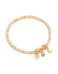Showcasing a gold plated cubic zirconia mixed charm tennis bracelet with butterfly and heart accents front view - link has visual effect only