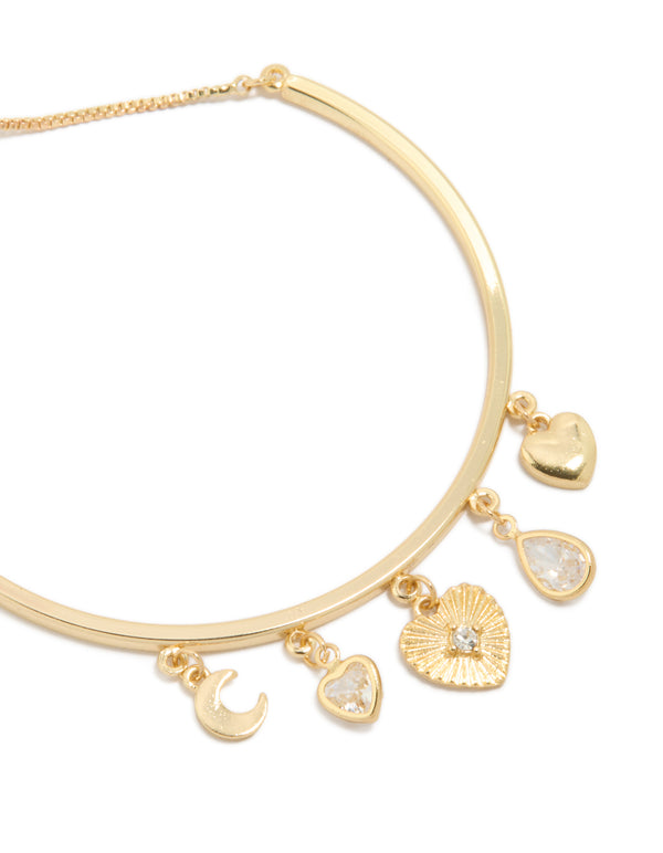 Gold Plated Heart & Moon Toggle Charm Bangle