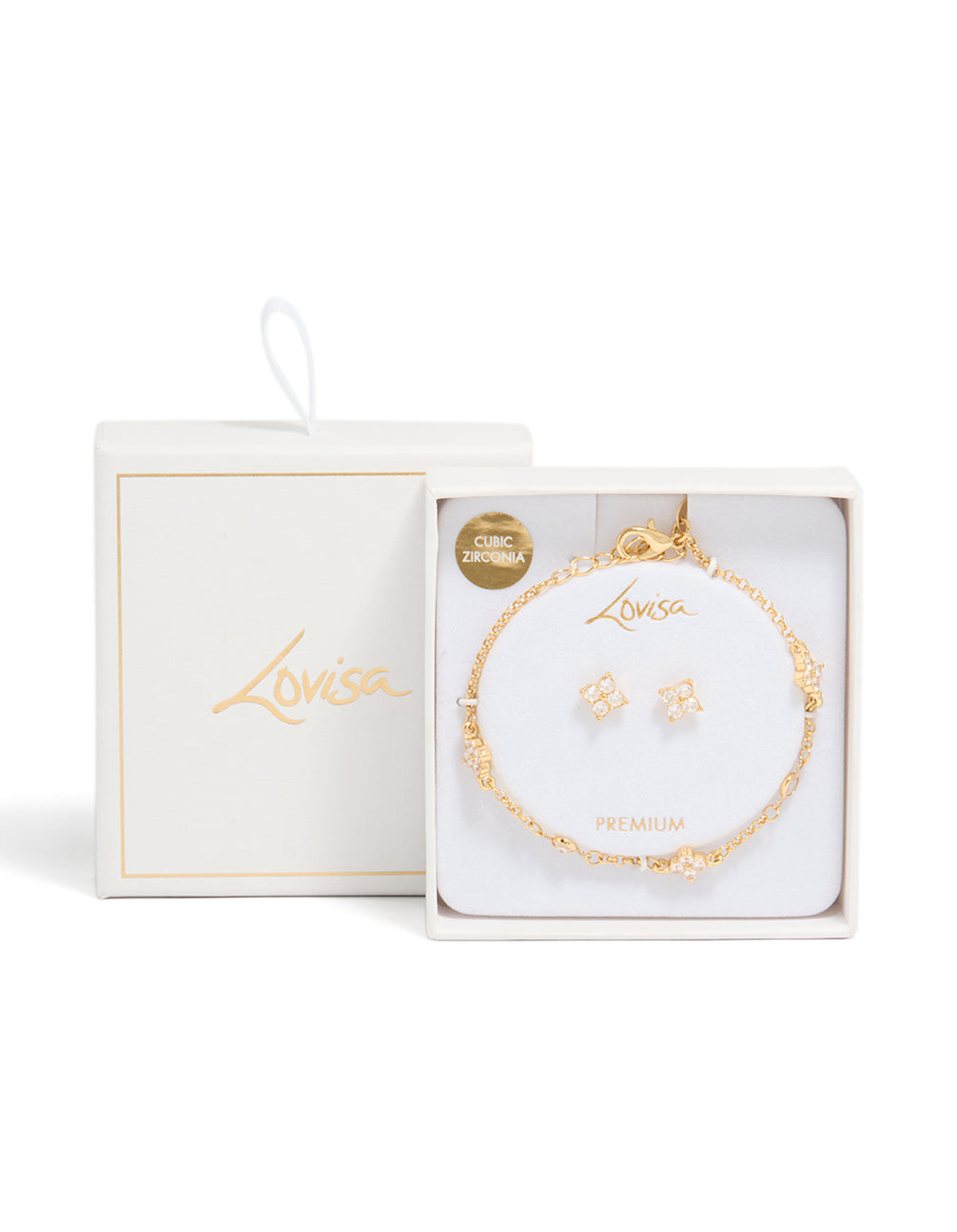 Gold Plated Cubic Zirconia Flower Earrings & Bracelet Set
