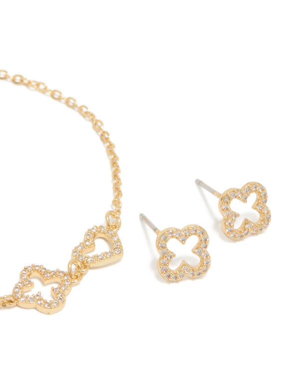 Gold Plated Cubic Zirconia Flower & Heart Outline Bracelet & Earrings Set